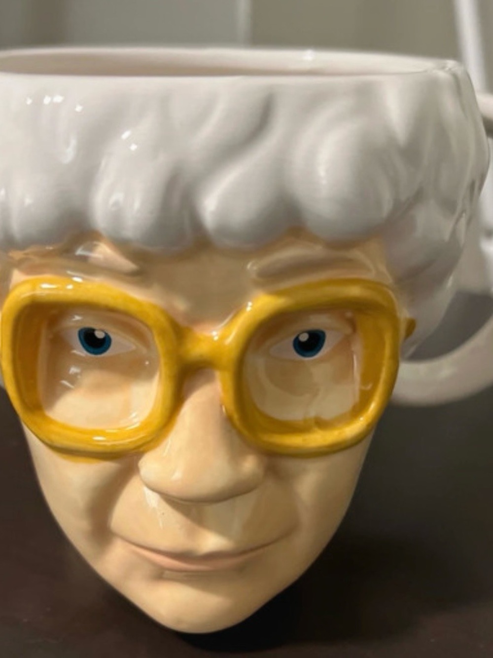 Golden girls Sophia Face Mug with Yellow Glasses - White Hair